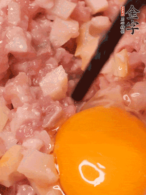 豬肉末、咸肉丁，分次加蔥姜水，一勺糖、一丟白胡椒，春筍丁，打入一個雞蛋